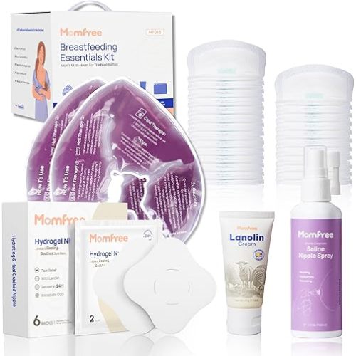 Breastfeeding Essentials Kit for Nursing Moms Nipple Relief,60 Piece Gift Set with Reusable Hot and Cold Breast Therapy Packs/Hydrogel Nipple Pads/Lanolin Nipple cream/Nursing Pads/Nipple Saline Spray