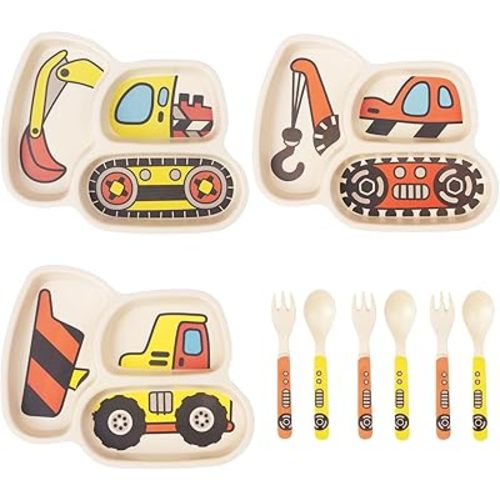 Kids Plates Set, Included Plate Fork and Spoon 9-Piece Set - Toddler Plates Dinnerware Dinner Dish Set Baby Feeding Divided Plate - Child Portion Control Trays (Excavator+Bulldozer+Hook Truck)