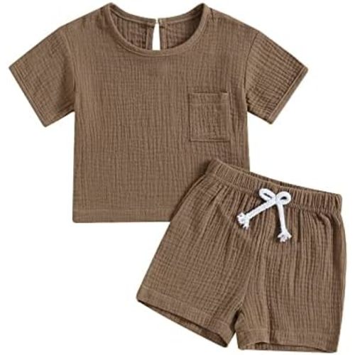 Toddler Baby Boy Girl Cotton Linen Outfit Short Sleeve T-Shirt Tops Elastic Shorts Set 2Pcs Casual Summer Clothes