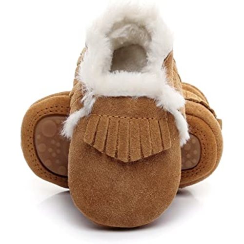 HONGTEYA Baby Moccasins with Fur Fleece Rubber Soles Warm Snow Boots Leather Baby Shoes for Boys Girls…