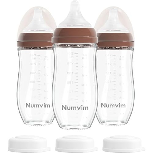 Numvim Natural Glass Baby Bottles Gentle & Slow Flow, Newborn Breastfeeding Bottle with Anti Colic Nipple for 0 Months Babies, 3 Packs (Brown (8 Ounce), 1 Count (Pack of 3))