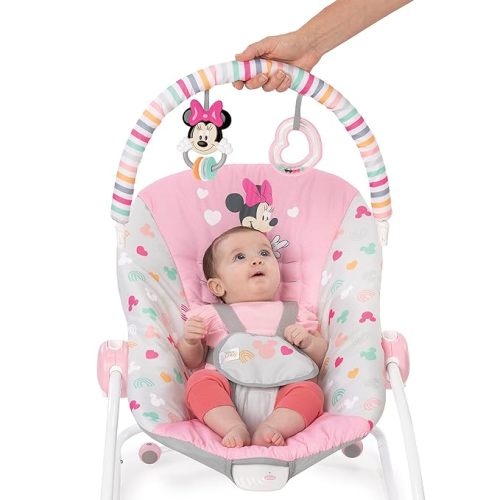 Bright Starts Disney Baby MINNIE MOUSE Infant to Toddler Rocker & Seat with Vibrations and Removable -Toy Bar, 0-30 Months Up to 40 lbs (Forever Besties) - Minnie Forever Besties