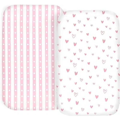 100% Organic Cotton 2 Pk Bedside Sleeper Bassinet Fitted Mattress Sheets for Mika Micky, Baby Delight, Ronbei, Chicco, KoolerThings, Cloud Baby, AMKE, Angelbliss, Maxi-COSI, Arm's Reach, Plus. Girl