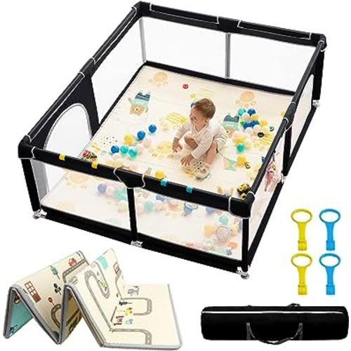 Baby Playpen with Mat 71" X 59", Extra Large Play Yard for Babies and Toddlers with Mat, Safety Baby Fence, Indoor & Outdoor Kids Activity Play Center with Anti-Slip Suckers and Zipper Gate(Black)