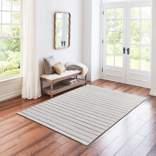 allen + roth Parallel Harmony 8-ft x 5-ft Loomed Polyester Natural/Blue Rectangular Stripe Area rug