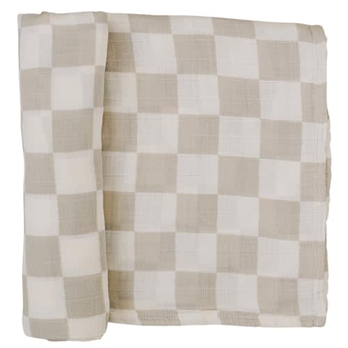 Mebie Baby Taupe Checkered Muslin Swaddle, Modern and Neutral Swaddle Blanket for Baby Girl or Boy, Soft Baby Blankets, Newborn Swaddle Blanket, 0-3 Month, Comfy Wrap, Baby Essentials & Gifts