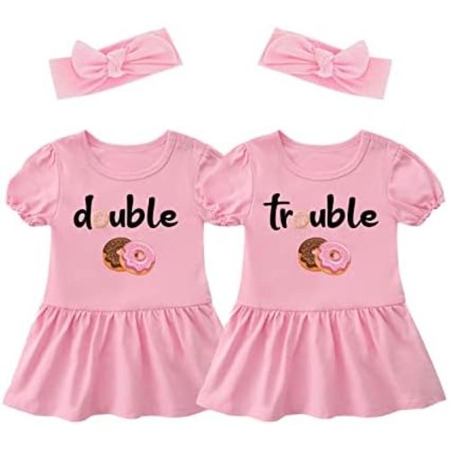 YSCULBUTOL Baby Twins Bodysuit Double Trouble Sweet Donuts Girl Outfits Sister Dresses Infant Romper With Headband Set