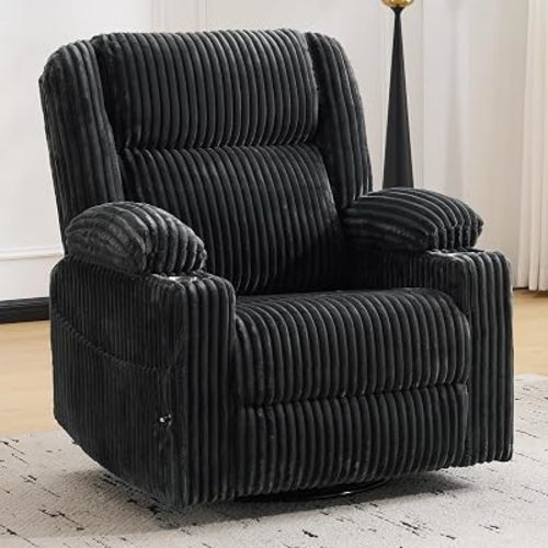 Power Recliner Chair with Massage and Heat, Oversized Swivel Rocker Recliner for Adults with Adjustable Headrest, Nursery Glider with Arm Storage and Cup Holder, Dark Grey