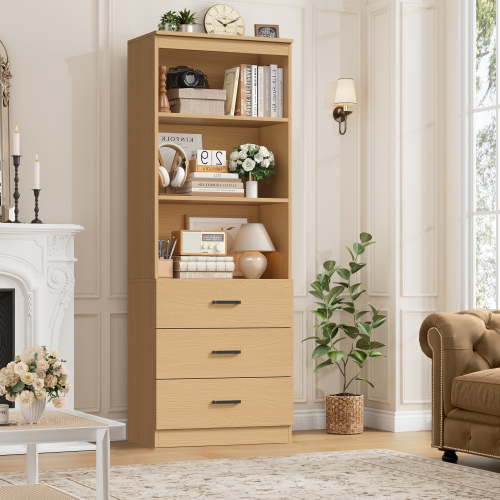 Homfa 71" Tall Bookcases with 3 Large Drawers, 3 Tier Wooden Storage Bookshelf for Living Room Home Office, Natural Color