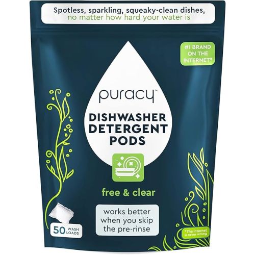 Puracy Dishwasher Pods, Natural Dishwasher Detergent, Free & Clear Dish tabs - Enzyme-Powered, Spot & Residue Free - TikTok Trend Items, Must Haves from TikTok Made Me Buy It (Free & Clear, 50 Count)