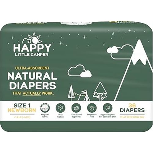 Happy Little Camper Ultra-Absorbent Natural Baby Diapers Size 1 - Hypoallergenic & Chlorine-Free Disposable Diapers Safe for Sensitive Skin - Unscented Newborn Diapers - 36 Count