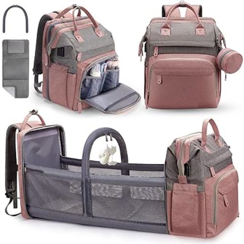 DERJUNSTAR Diaper Bag Backpack – Large Capacity Baby Diaper Bag with Changing Pad, Waterproof Travel Backpack for Boys & Girls, Multi-Function Baby Bag with USB Charging Port, Rose Pink