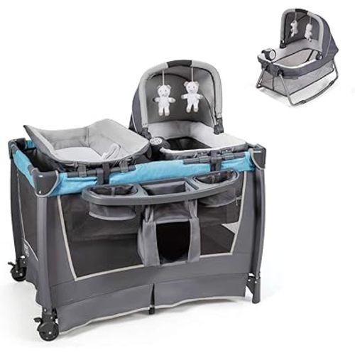 HONEY JOY Pack and Play with Bassinet, 4-in-1 Baby Playard with Changing Table & Removable Infant Full-Size Bassinet, Diaper Storage Basket & Music, Foldable Nursery Center w/Carry Bag (Blue)