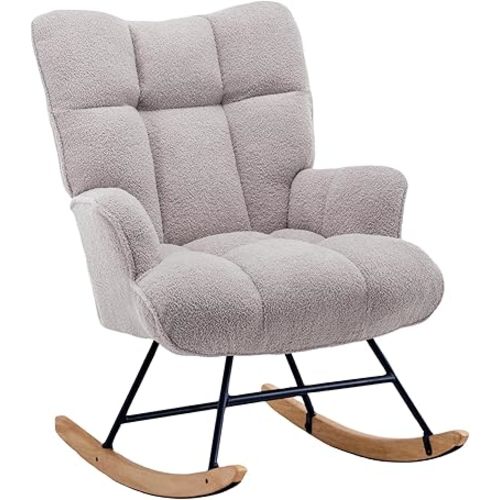 Rocking Chair Nursery Teddy Upholstered Glider Rocker Rocking Accent Chair Padded Seat with High Backrest Armchair Comfy Side Chair for Living Room Bedroom Offices (Grey Teddy)