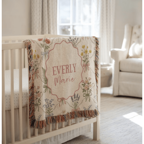 Etsy Personalized Floral Bow Baby Blanket Cotton Woven Blanket Girl Nursery Decor Custom Baby Blanket Floral Baby Shower Baby Gift