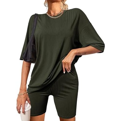 Ekouaer Pajamas 2 Piece Lounge Sets Ribbed Knit Matching Outfits T-shirt Biker Shorts Sleepwear Loungewear Sweatsuits