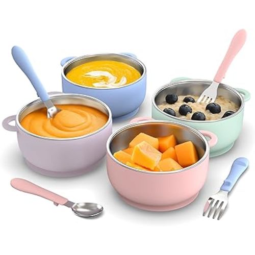 Suction Toddler Bowls and Feeding Utensils Set, 2-in-1 Stainless Steel 304 Kids Bowl & Silicone Suction Baby Bowl with Spoons and Forks, First Self-feeding Training Set, Unicorn Magic