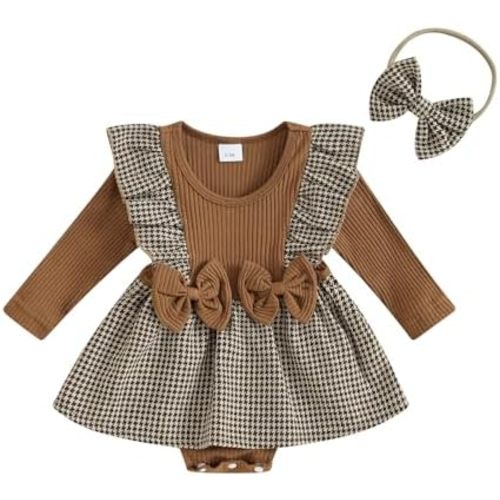 Newborn Baby Girl Fall Winter Outfit Set Plaid Romper Dress Ruffles Long Sleeve Clothes Jumpsuit with Bow Headband