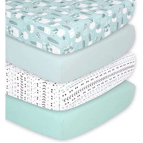 The Peanutshell 4-Pack Fitted Crib Sheet Set - Super Soft & Breathable Baby Boys or Girls Crib Sheets, Nursery Decor, Fit for Standard Mattress - Cactus