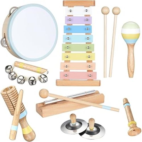 POGOLAB Musical Instruments for Toddler 1-6, 8-in-1 Wooden Sensory Toy for Preschool Learning