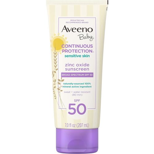 Aveeno Baby Continuous Protection Zinc Oxide Mineral Sunscreen Lotion for Sensitive Skin, Broad Spectrum SPF 50, Tear-Free, Sweat- & Water-Resistant, Paraben-Free, Non-Greasy, 7 fl. oz
