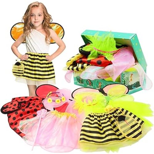 Girls Princess Dress up Trunk Ladybug, Bee, Butterfly, Green Fairy Role Play Costume Set for Little Girls Toddler Aged 3-7
