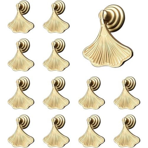 MOROBOR Ginkgo Leaf Shape Knob Handles, 12 PCS Golden Drop Pendant Pull Handle,Hardware Drawer Single Hole Handle for Wardrobe Cupboard Closets Cupboard