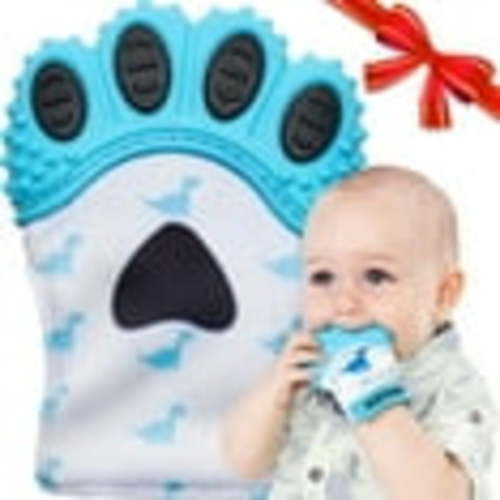 BabyNoms Teething Mitten | The Original Teething Paw | Safe Silicone Teething Toys or Teething Ring Provides Self-Soothing Teething Relief | Dino Blue Teether | Baby Boy Newborn Gift