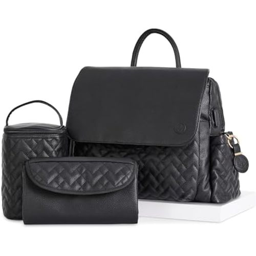 Hannah & Sophia Traveler Diaper Backpack, 4-piece Travel Baby Bag Set with USB-C Charging Port, 11-Pocket Organization System, Bottle Bag, Changing Pad & AirTag Keychain, Midnight Black