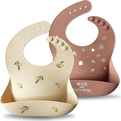 Moonkie Silicone Baby Bibs Set Of 2 | BPA Free Waterproof | Soft Flexible Adjustable Silicone Bibs for Babies & Toddlers(Shifting Sand/Burlwood)