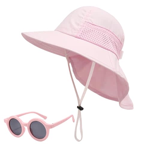 Baby Sun Hat Toddler Kids Boys Girls Wide Brim Beach Hats with Sunglasses UPF 50+ Plain Caps with Neck Flap