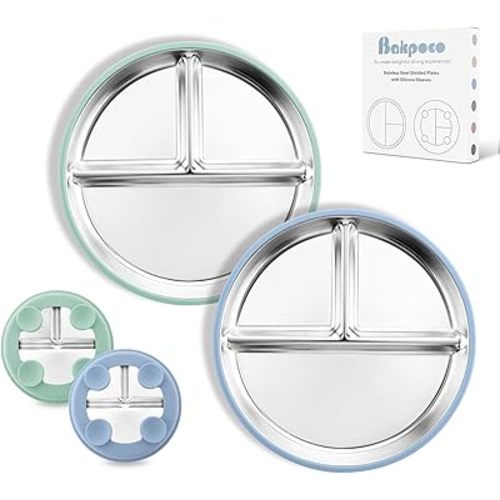 8” Stainless Steel Toddler Plate with Suction, Divided Plates with Removable Silicone Sleeves for Kids, Non Toxic & BPA Free | Non Slip | Unbreakable Baby Snack Dishes Set of 2, Blue & Sage