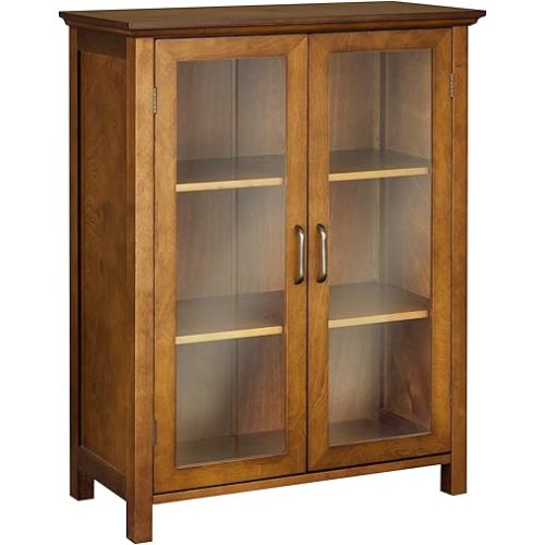 Teamson Home Avery Wooden Freestanding Floor Cabinet with 2 Adjustable Shelves 3 Storage Spaces 2 Glass Paneled Doors and 2 Antique Brass Knobs, Oiled Oak