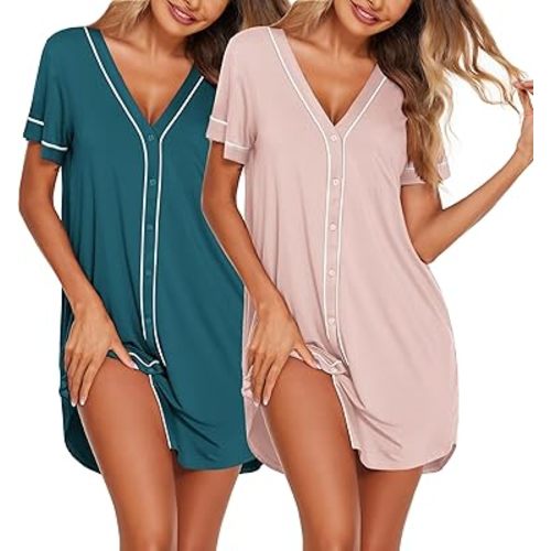 Ekouaer Nightgowns for Women 2 Pack Button Down Sleep Shirts Short Sleeve Night Shirts V Neck Sleepwear Soft Pajama Dress