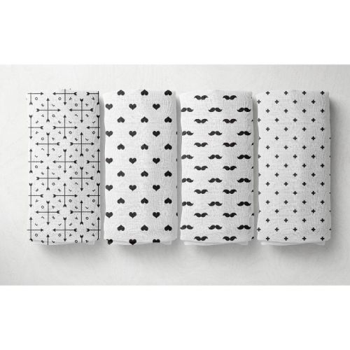 Bacati - LOVE Muslin Swaddling Blankets set of 4, Black/White
