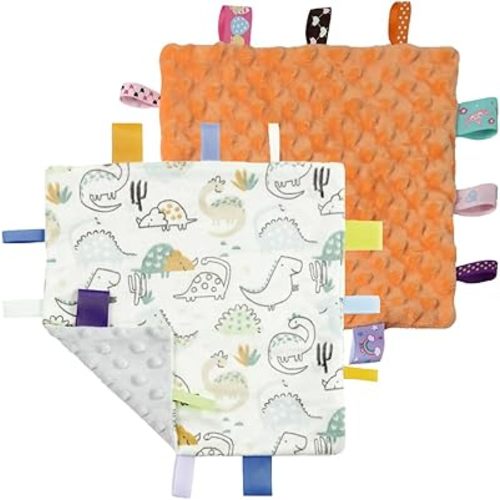 CREVENT Tag Security Blankets for Babies, Soft Small Loveys for Girls, Baby Comforter Sensory Blanket, Great Gifts for Birthday Baby Shower 10"X10" (Dinosaur+Orange)