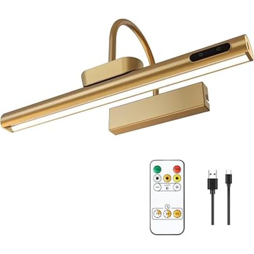 Dimmable Cordless Picture Light with Controller and Timer, Rechargeable 5000mAh Battery Wall Sconce for Wall Pictures, Gallery Artwork, Paintings, Portraits, Dartboards (Gold)