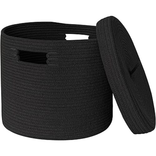 Storage Basket with Lid, 15” x 13” Lidded Blanket Basket Living Room, Black Woven Baskets for Storage, Nursery Kids Cotton Rope Toy Bin Box with Cover, Wicker Laundry Basket Pillow Holder
