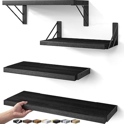 BAYKA Wall Mounted Floating Shelves, Wood Floating Wall Shelf for Books & Decor, Small Space-Saving Display & Organizer（Black，Set of 4）