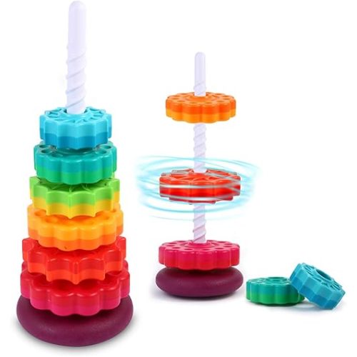Spinning Stacking Toys - Rainbow Tower, Kids Stackable Spinning Toy, Educational Toy for Toddlers 1-3, Strong ABS Plastic, Color & Shape Recognition, Builds Sensory & Motor Skills