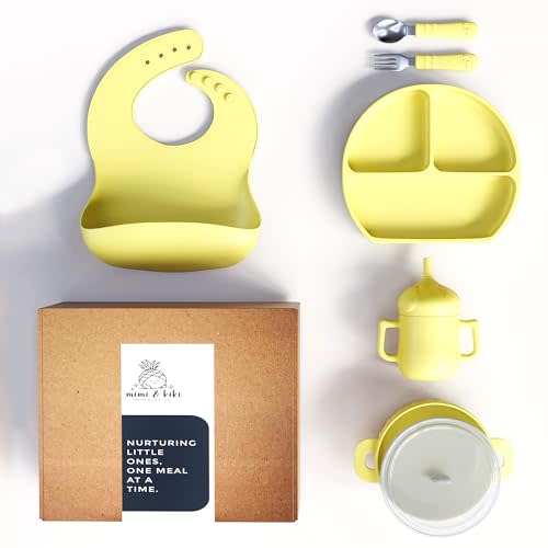 mimi & kiki BPA-Free Silicone Baby Feeding Set, Baby Plates and Bowls Set, Baby Led Weaning Supplies, Silicone Suction Plate, Baby Utensils, Bib and Cup, Self Feeding, Dishwasher Safe (Yellow)