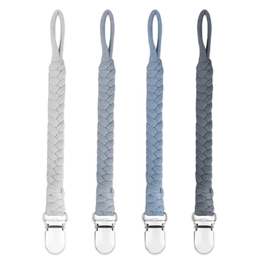duludulu 4 Pcs Pacifier Clip, Pacifier Clips for Boys & Baby Girls Pacifier Holder Clip Binky Clips Braided 100% Handmade Fits All Pacifiers(Grey, 4 Pack)