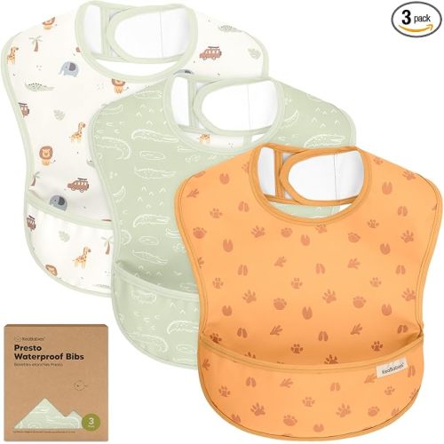KeaBabies 3-Pack Waterproof Baby Bibs for Eating - Lightweight Toddler Feeding Bibs with Large Food Catcher, Mess Proof, Food-Grade Baby Eating Essentials, Easy to Put On & Clean (Wilderness)