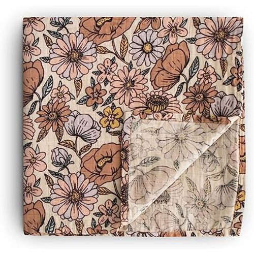 mushie Muslin Baby Swaddle Blanket | 100% Organic Cotton (Retro Flowers)