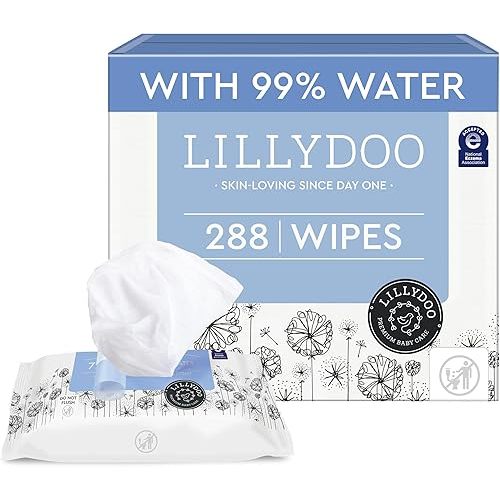 LILLYDOO Baby Wipes with 99% Water – Unscented, Hypoallergenic, Plant-Based, Strong & Plastic-Free, Compostable, 4 resealable Packs x 72 (288 Wipes Total)