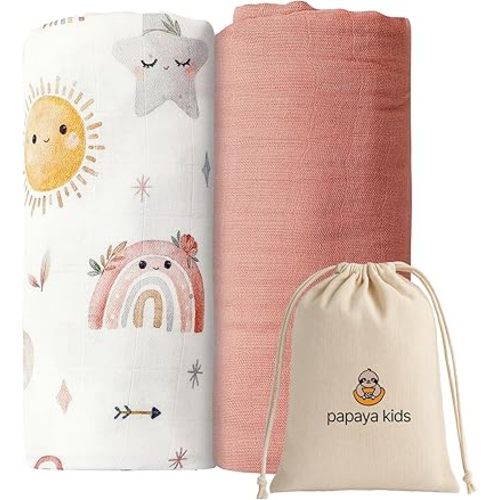Muslin Swaddle Blankets for Baby Girls – Pink & Rainbow Print, Soft Bamboo Viscose & Cotton Muslin Swaddle Set, Newborn Essentials with Gift Bag, Receiving Blankets, 2-Pack