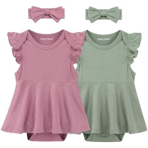 2 Pack Baby Girl Bodysuit Flutter Sleeves Dress, Cute Ruffle Romper Outfit with Headband, Newborn Infant Pajamas 0-12 Months