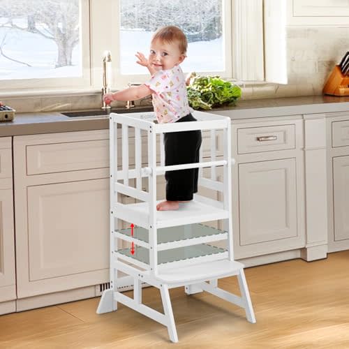 COSYLAND Kids Kitchen Step Stool, Height Adjustable Toddler Standing Tower Nursery Helper with CPC & FSC Certification, Removable Safety Railing Enjoys Exclusive Paten，White