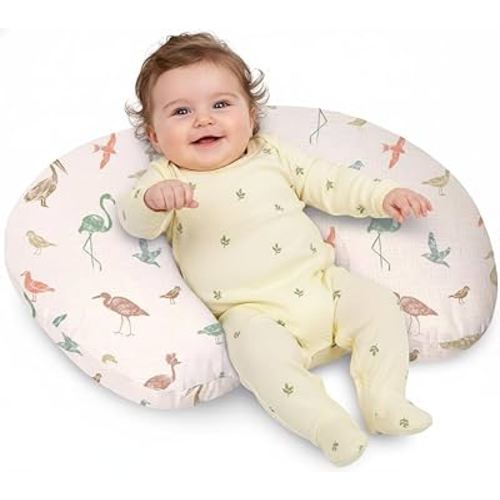 Little Grape Land Muslin Nursing Pillow for Breastfeeding, Soft and Supportive Breastfeeding Pillow for Mom and Baby, Cute Feeding Pillow with Removable Cover for 0–12 Months(Wetland Birds)