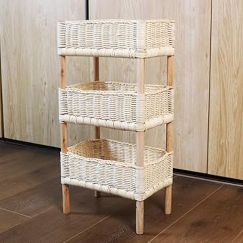 Rattan Shelving Unit, Rattan Organizer of 3 Tiers, Handmade Woven Ladder Bookshelf, Boho Farmhouse Storage Racks, for Living Room, Bedroom, Kitchen (Color : Natural, Size : Small)